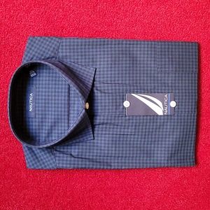 Nautica Men's Dress Shirt Green And Blue Check Pattern